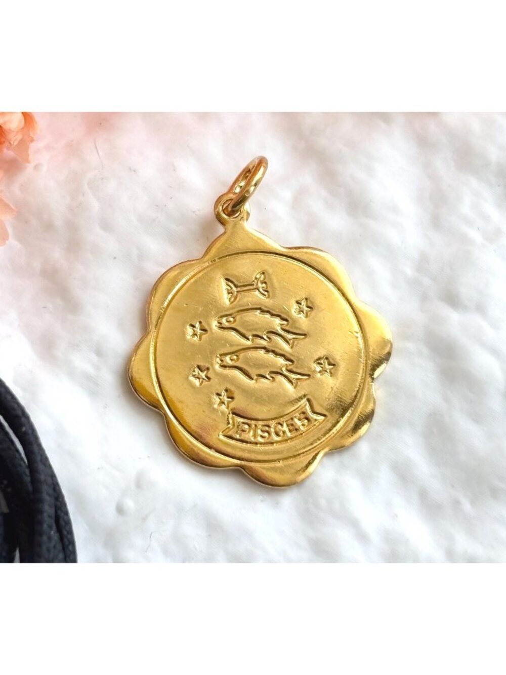 Pisces Zodiac Scalloped Gold Toned Vintage Pendant Necklace w/ Black Rope - 26"